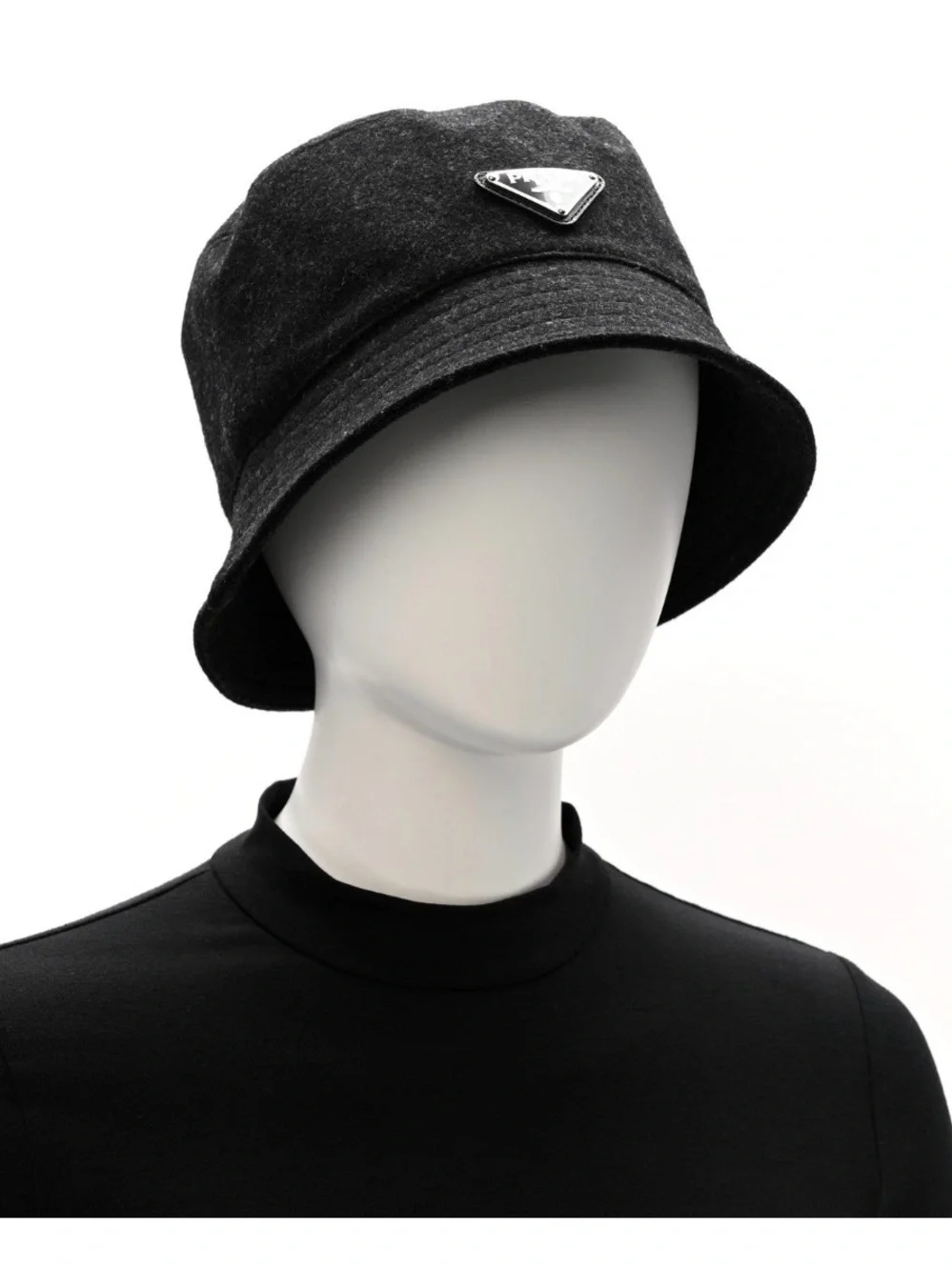 Authentic Prada Charcoal Gray Wool Bucket Hat with Triangle Logo